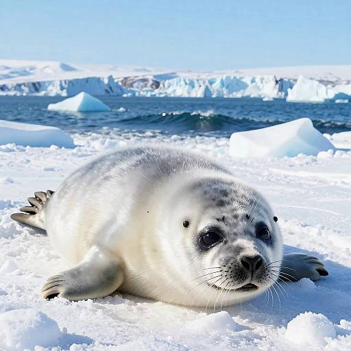 Photograph of a cute, fluffy seal with dark spots and black eyes lying on snowy, icy Arctic landscape with floating icebergs in the background.