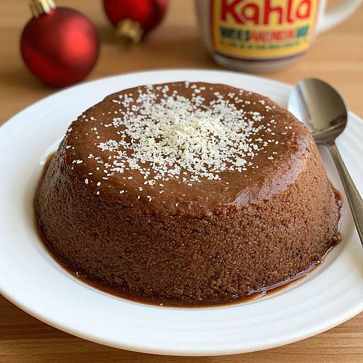Photograph of a rich, chocolate bundt cake sprinkled with powdered sugar, on a white plate, with a spoon to the right, and red