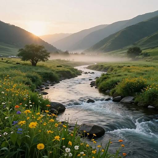Photograph of a sunlit mountain valley with a flowing river, surrounded by wildflowers, lush greenery, and misty hills at sunrise.