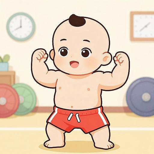 Muscular Baby Cartoon Gym Scene