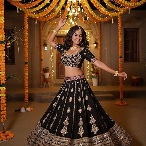 Photograph of a smiling Indian woman in a black, gold-embroidered lehenga, dancing under warm string lights and orange marigold gar