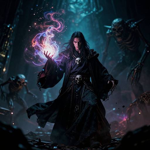 Dark-haired sorcerer in black robe, glowing blue-purple magic in hand, skull necklace, surrounded by skeletal monsters in a foggy, blue-lit