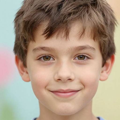 Close-up photograph of a young boy with brown hair, brown eyes, and a gentle smile, set against a blurred colorful background.
