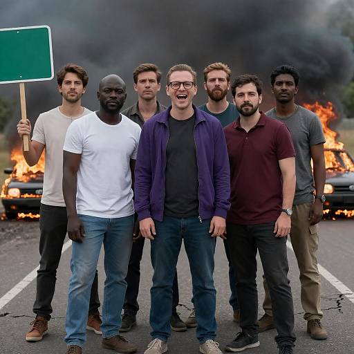 Seven Friends Against a Fiery Backdrop