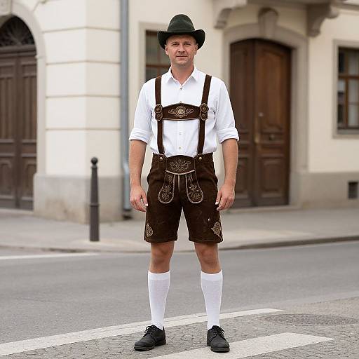 Photograph of a man in traditional Bavarian attire: black hat, white shirt, brown suspenders, knee-high socks, black shorts, standing on