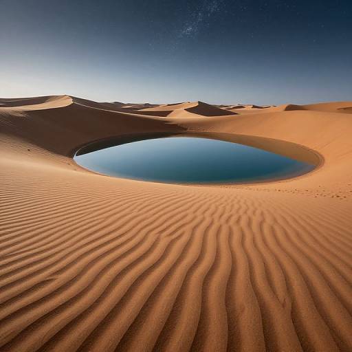 Photograph of a surreal desert landscape with rippled sand dunes surrounding a large, circular, water-filled depression under a clear blue sky.