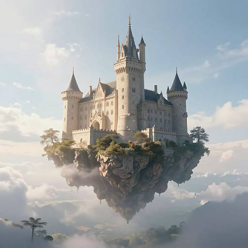 Photorealistic CGI of a majestic, floating, medieval castle with multiple towers and spires, surrounded by clouds, perched on a rocky island.