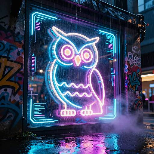 Cybernetic Owl Neon Overpass Scene