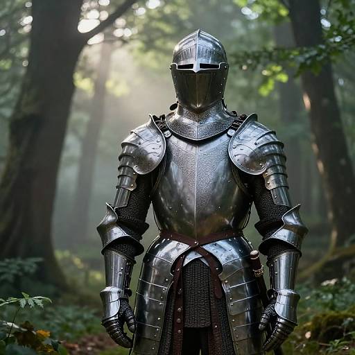 Photorealistic image of a medieval knight in shiny, silver armor with a full helmet, standing in a misty forest. Sunlight filters through trees