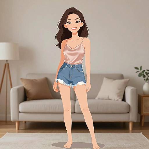 Digital illustration of a smiling young woman with long brown hair, wearing a pink satin camisole and frayed blue denim shorts, standing in a modern