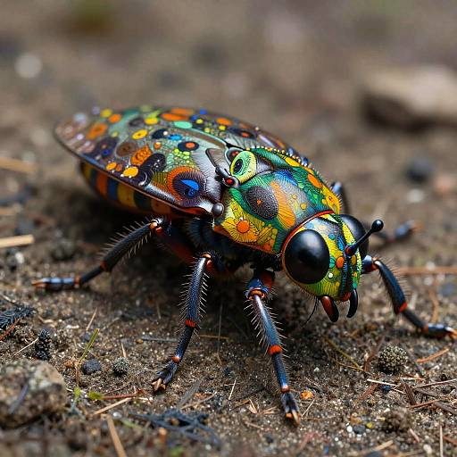 Close-up photograph of a vibrant, iridescent beetle with colorful, multicolored patterns on its shiny exoskeleton, standing on textured, dark