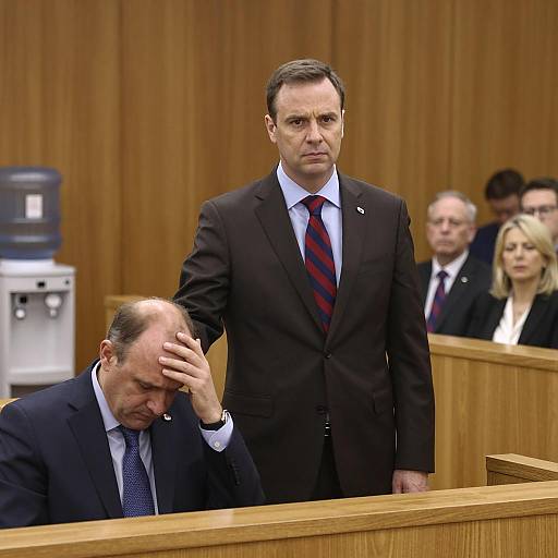 Serious man comforting upset man in courtroom