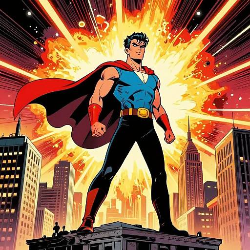 Superman stands heroically on a city rooftop, surrounded by a bright, explosive yellow and red background, with tall buildings and small silhouetted