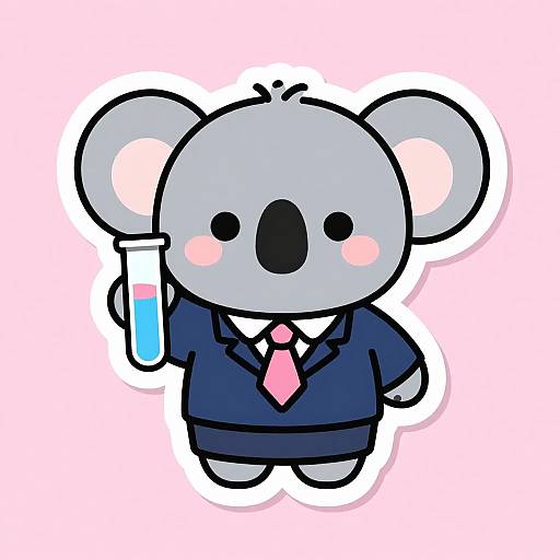 Cute chibi koala in a navy suit with pink tie, holding a blue test tube, against a pink background. Digital illustration.