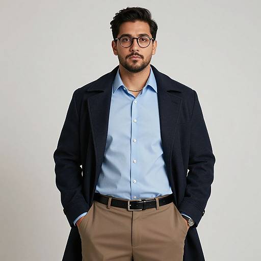 Photograph of a bearded man with glasses, wearing a black coat, light blue shirt, beige pants, and hands in pockets, against a plain