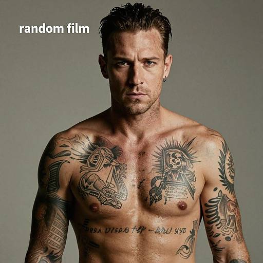 Photograph of a muscular, shirtless man with short dark hair, numerous tattoos, and a serious expression. 