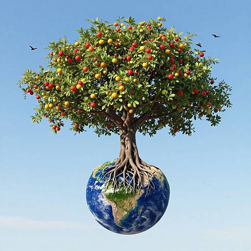 Digital artwork of a tree with red and yellow apples, roots embedded in a floating Earth, against a clear blue sky. Birds fly around the tree.