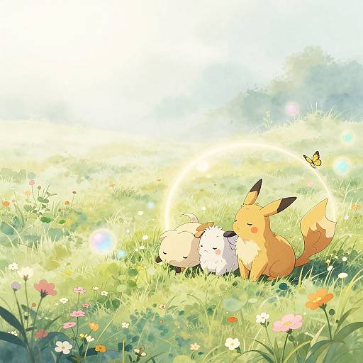 Digital anime-style illustration of two Pikachu-like creatures, one white and one yellow, lying in a sunlit, flower-filled meadow with a small yellow