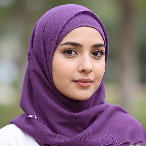 Photograph of a young woman with light brown skin, wearing a purple hijab, white top, and soft smile, set against a blurred green outdoor