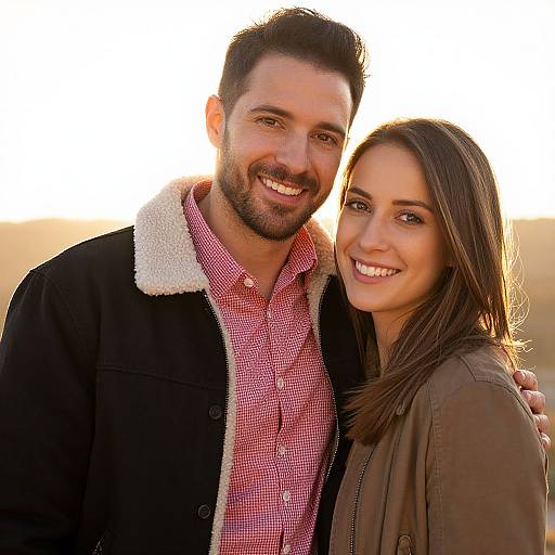 Photograph of a smiling couple with the man in a black jacket and red checkered shirt, and the woman in a brown jacket, standing close with