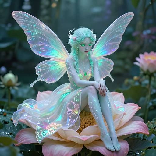 Digital fairy artwork: glowing, ethereal fairy with iridescent wings, light blue hair, and translucent dress, sitting on a pink lotus flower