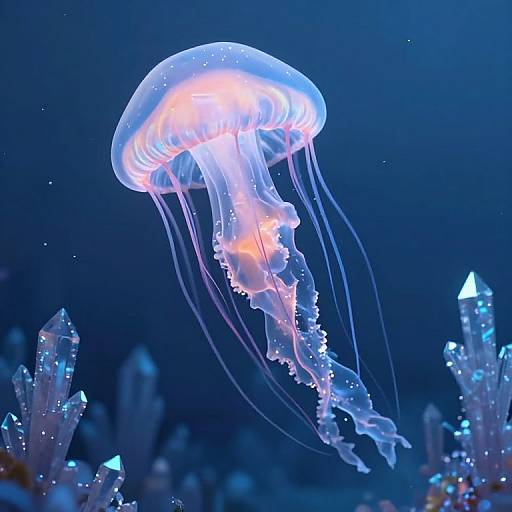 Photograph of a glowing, translucent jellyfish with pink and blue hues, floating above sparkling, blue-toned sea crystals in a dark underwater scene.
