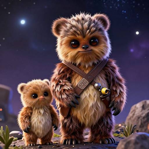 CGI digital art of two adorable, fluffy, brown bear-like creatures with big eyes, standing on a rocky, starry night landscape. The larger
