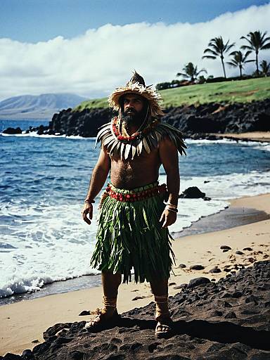 Man in Traditional Hawaiian Costume at Ocean Shore