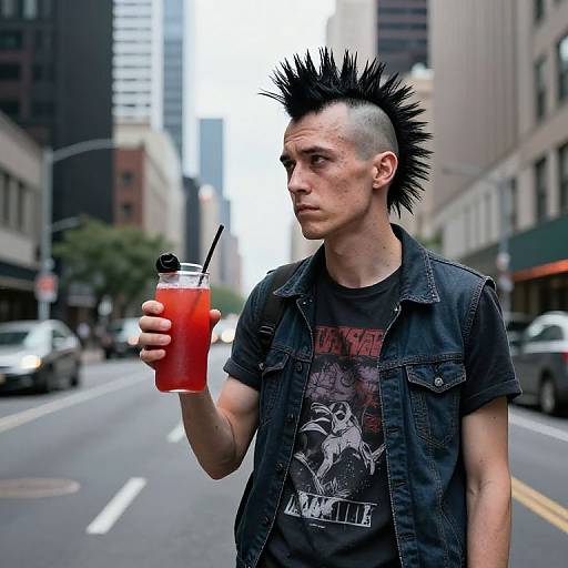 Photograph of a pale, thin, young white man with a black mohawk and spiked hair, wearing a denim jacket over a black band tee,