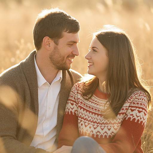 Photograph of smiling couple in a sunlit field; man in brown cardigan, white shirt; woman in red and white knit sweater.