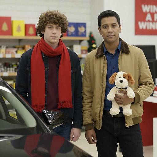 Two Men at Festive Store Entrance