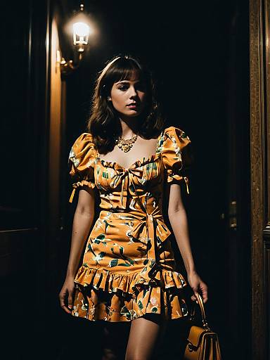 Woman in Orange Floral Mini Dress with Handbag
