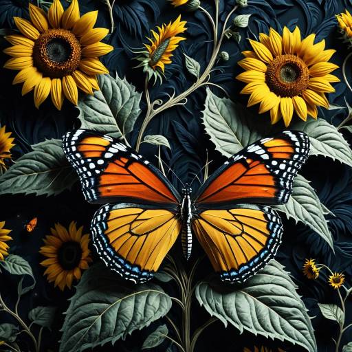 Vivid Biomechanical Butterfly and Sunflowers