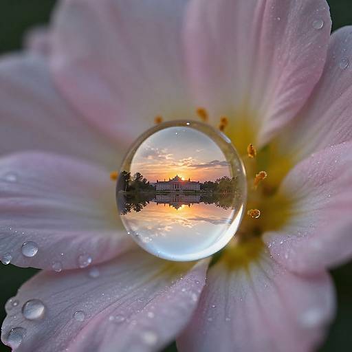 Photograph of a dewy pink flower with a clear water droplet reflecting a sunset over a silhouetted building and water.