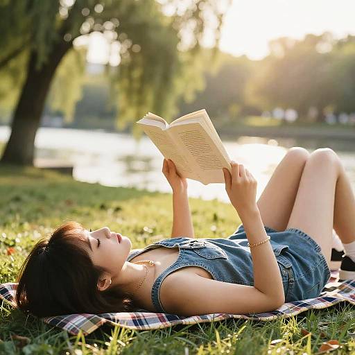 Sunlit Girl Reading by the Riverbank
