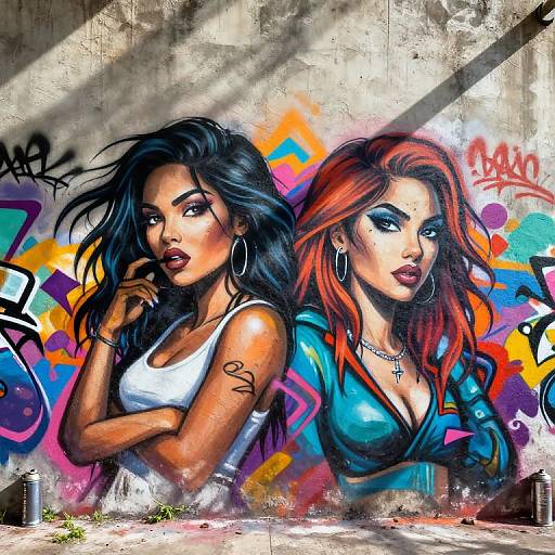 Digital graffiti artwork of two striking women with long hair, one black with white tank top, tattoo on arm, other red-haired in blue top, both