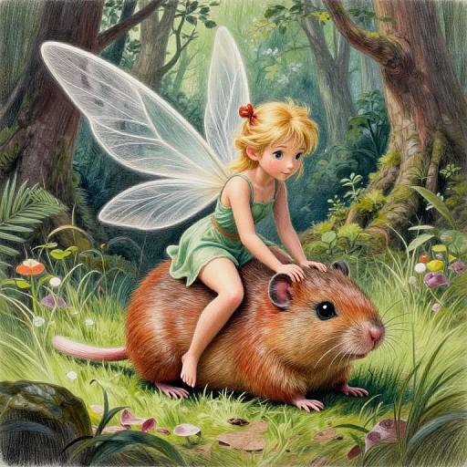 Digital fairy art: Blonde fairy girl with translucent wings rides on a brown hamster in a lush, enchanted forest.