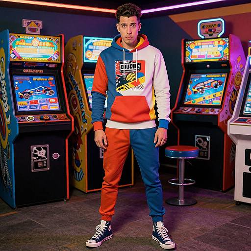 Photograph of a young man in a colorful hoodie and orange-blue pants, standing in a neon-lit arcade with multiple classic arcade machines.