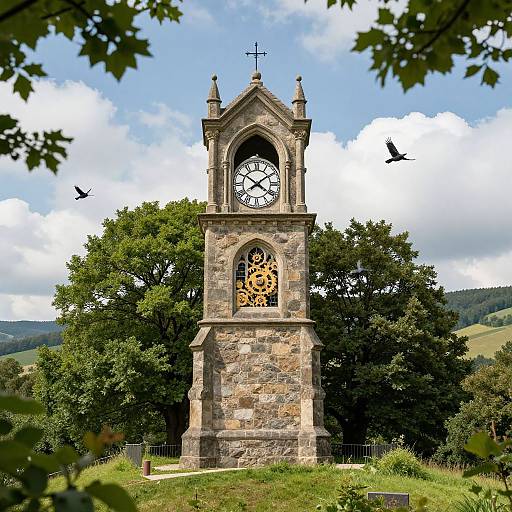 Photograph of a rustic stone church bell tower with a clock and cross, surrounded by lush green trees and a bright blue sky. Two birds fly nearby