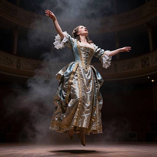 Photograph of a ballerina in an elaborate, silver and blue, 18th-century-style dress, with white ruffles, dancing mid-air