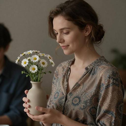 Serene Woman with Daisies in Vase