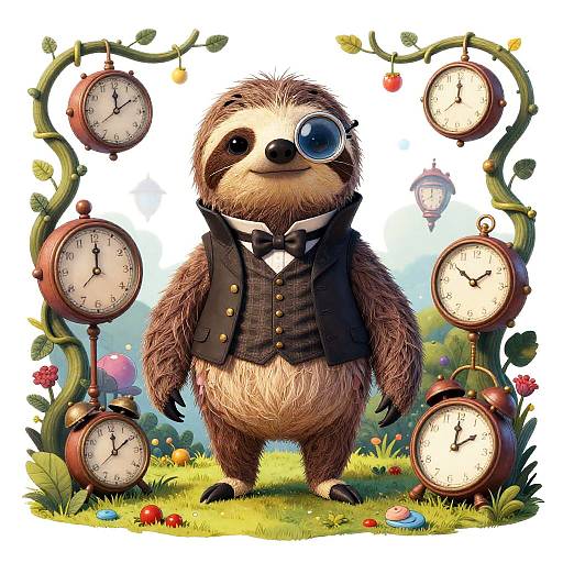 Charming digital illustration of a cute, furry raccoon in a black vest and bowtie, surrounded by six ornate clock vines with colorful flowers and