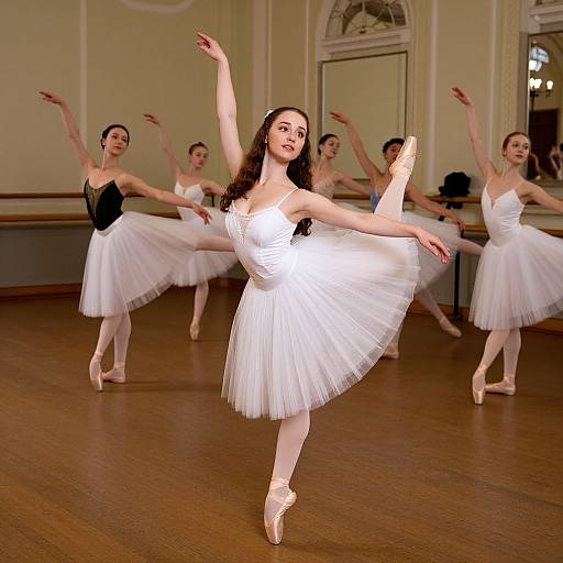 Photograph of a ballerina in a white tutu and pink ballet slippers, gracefully posing in a mirrored dance studio with five other baller