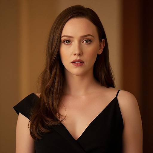 Photograph of a fair-skinned woman with long brown hair, wearing a black V-neck dress, looking directly at the camera with a neutral expression,