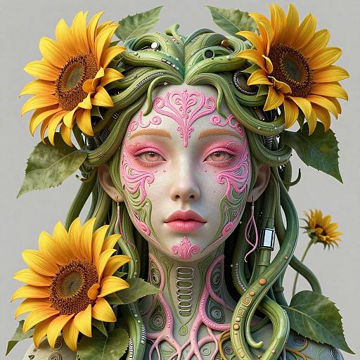 Digital artwork of a pale, pink-patterned face with green vines, sunflowers, and leaves, blending nature with fantasy elements.