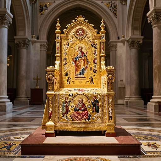 Photograph of an ornate, golden religious throne with intricate religious scenes, set in a grand, marble-columned cathedral interior.