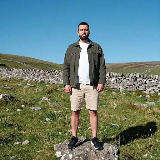 Photograph of a bearded man with short dark hair, wearing a green jacket, white shirt, beige shorts, and black sneakers, standing on a