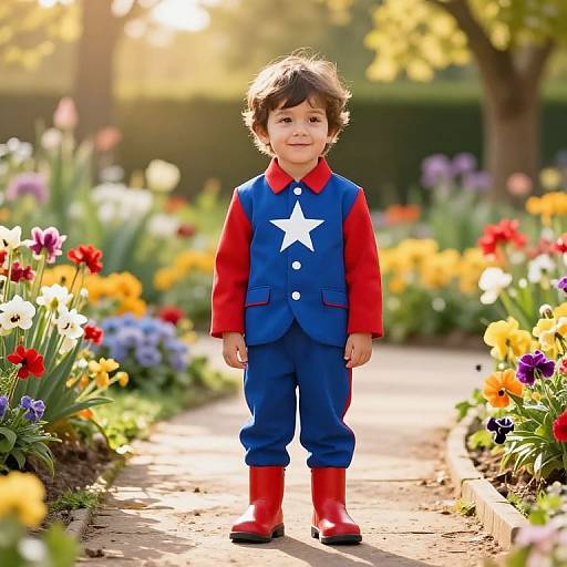 Boy in Heroic Suit Amid Flower Garden