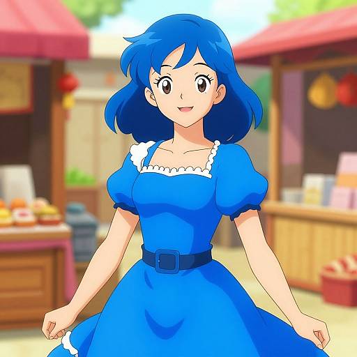 Bright, anime-style drawing of a blue-haired girl in a blue dress with white trim, smiling, standing in a sunny market.