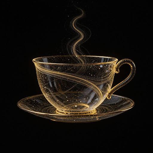 Glowing neon tea cup and saucer with steam, illuminated against a black background, creating a magical, ethereal effect.
